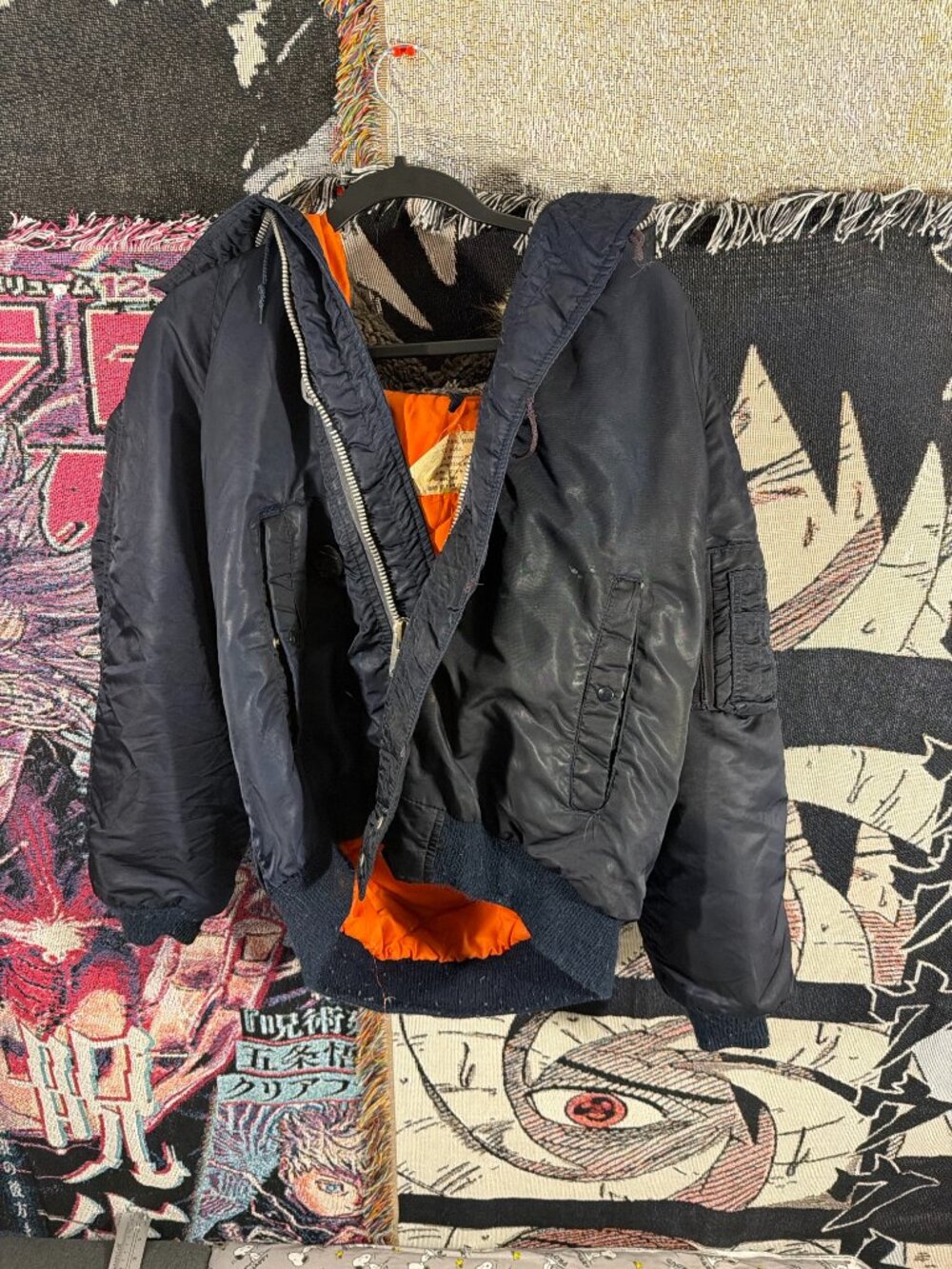 Vintage 1972 Golden Fleece N-5A Flight Jacket Navy Fur Hood Orange Lining 42 M/L